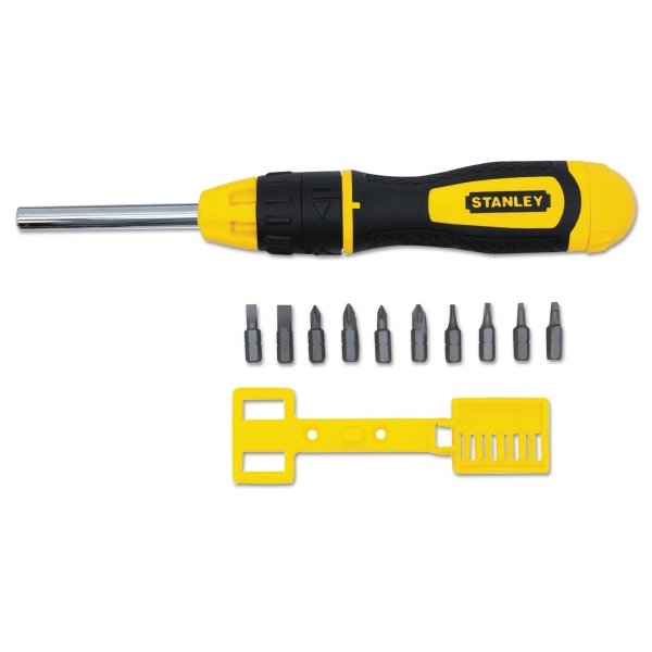 Stanley 3 inch Multi-Bit Ratcheting Screwdriver, 10 Bits, Black/Yellow